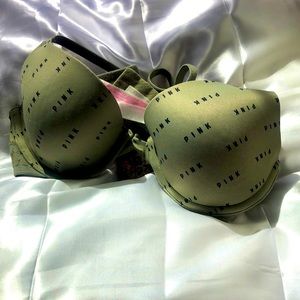 32B PINK olive green “logo” t-shirt bra